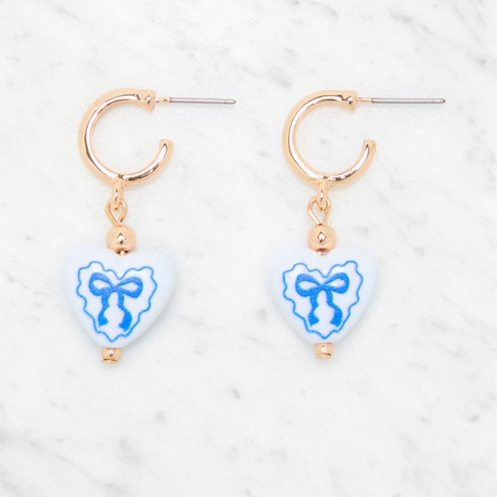 LA Hearts Blue Bow Heart Drop Hoop Earrings